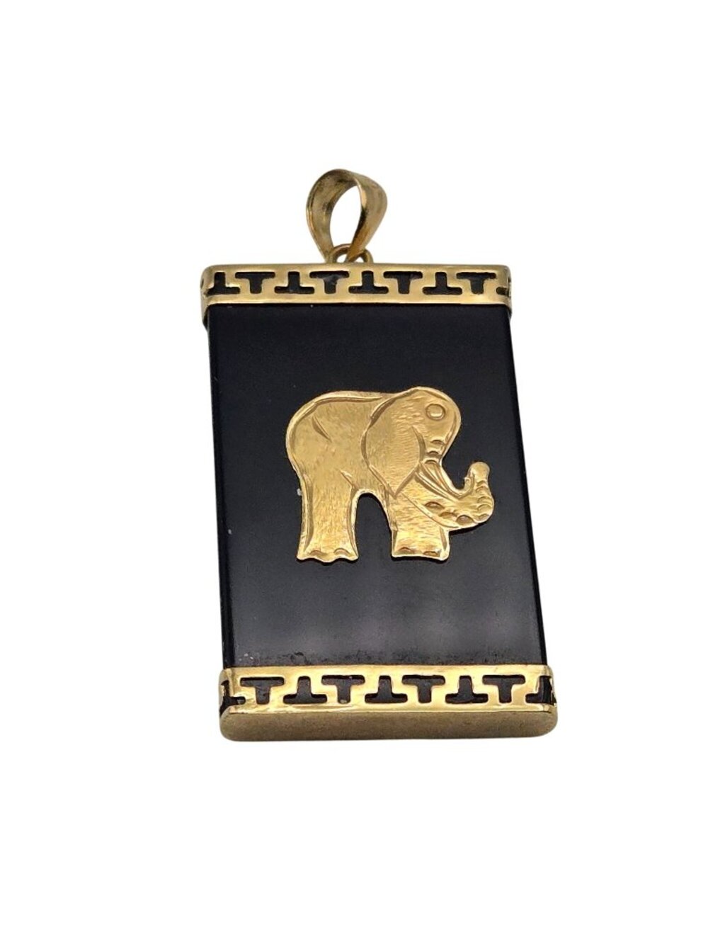 Vintage Elephant Pendant 14K Gold Black Onyx Rectangular